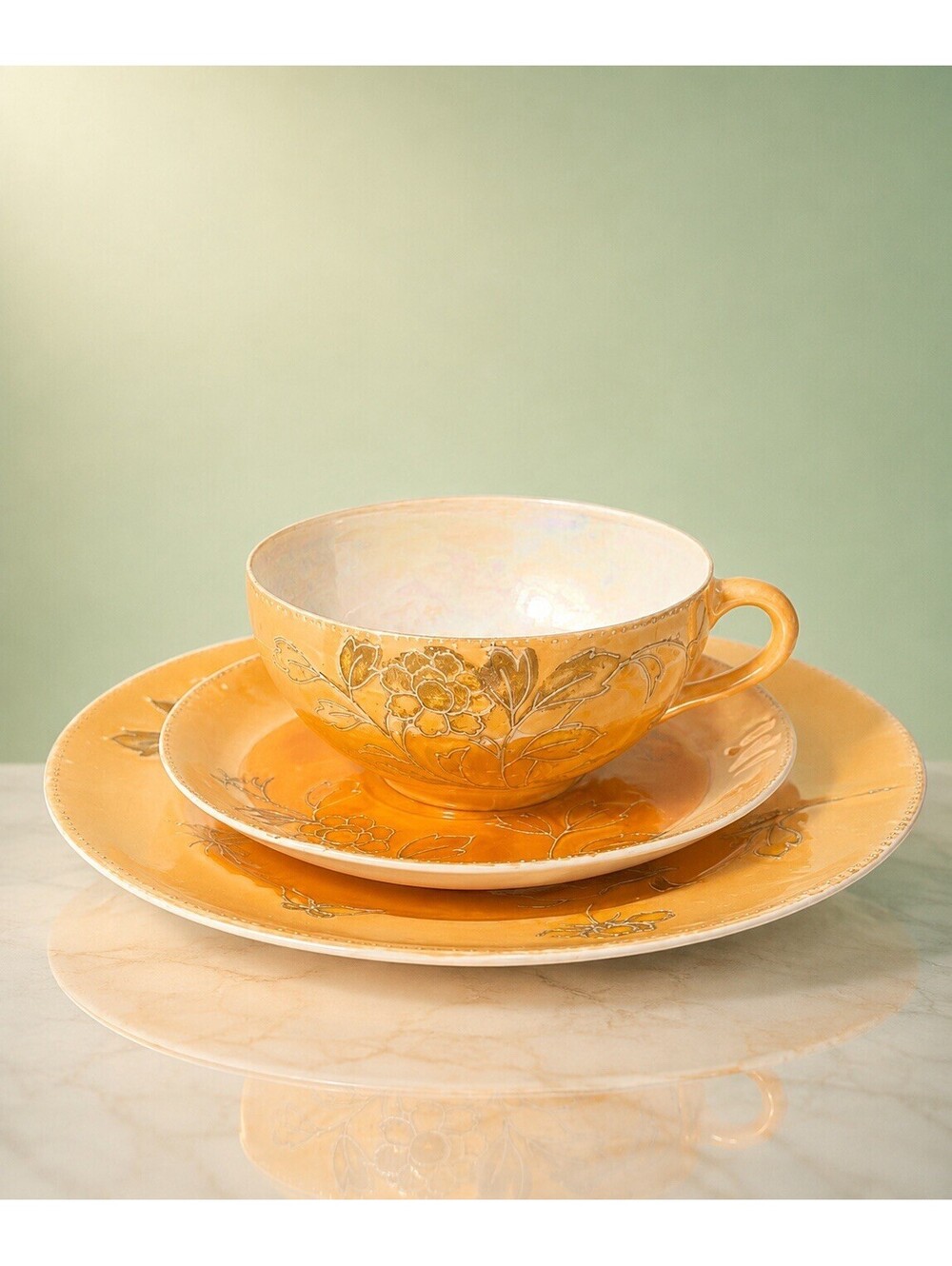 Japanese Antique 1920s Trio Set Cup Saucer Plate Nippon Orange Peach Lustreware